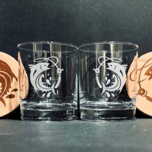 glasses and wood coaster set