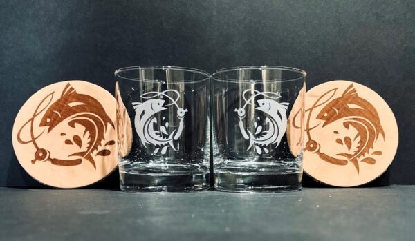 glasses and wood coaster set